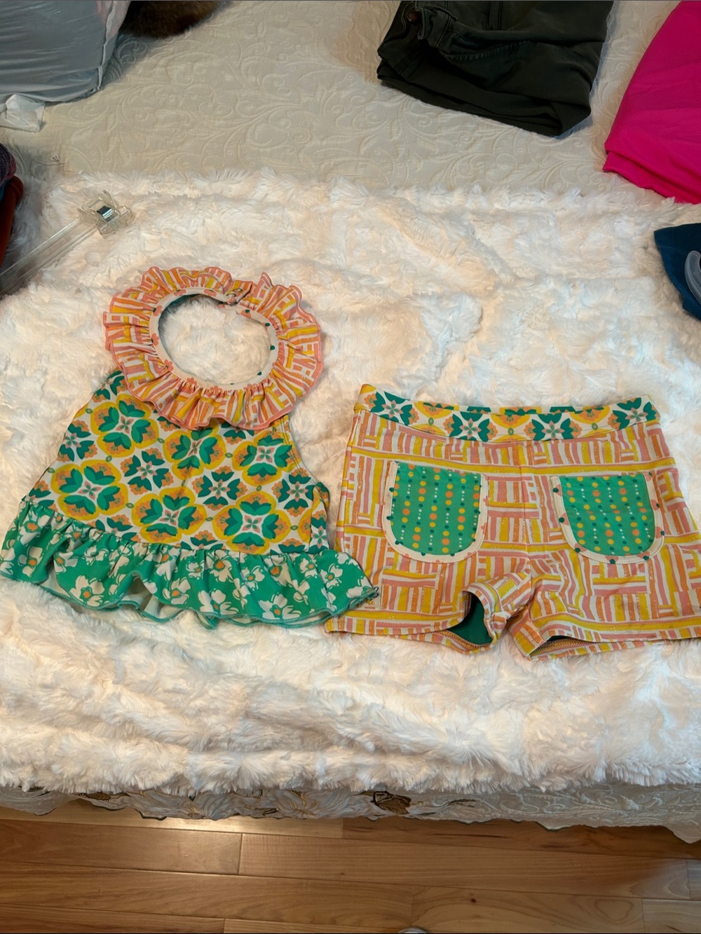 Wildflowers Green & Yellow Floral Ruffle Tank and Striped Shorts Set